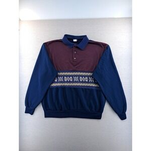 Vintage Aztec Pattern Polo Collar Sweater Southwestern Blue BLAIR Men Large 90s